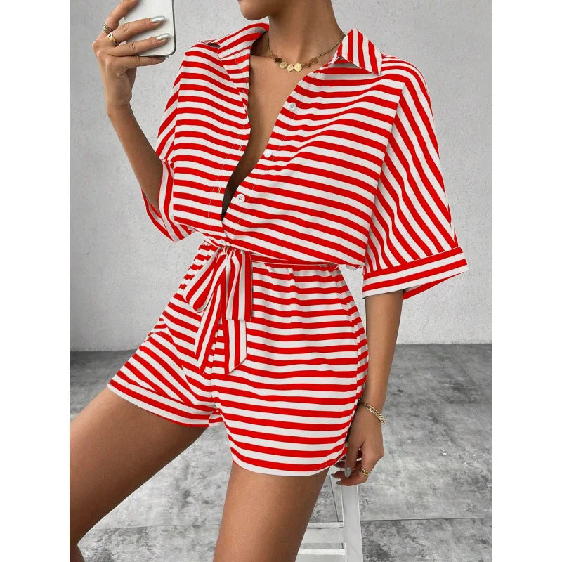 Summer New Set For Women's Casual Loose Comfortable Outfit Fashion Striped Batwing Sleeve Shirt Top+ Shorts 2-piece Sets Woman