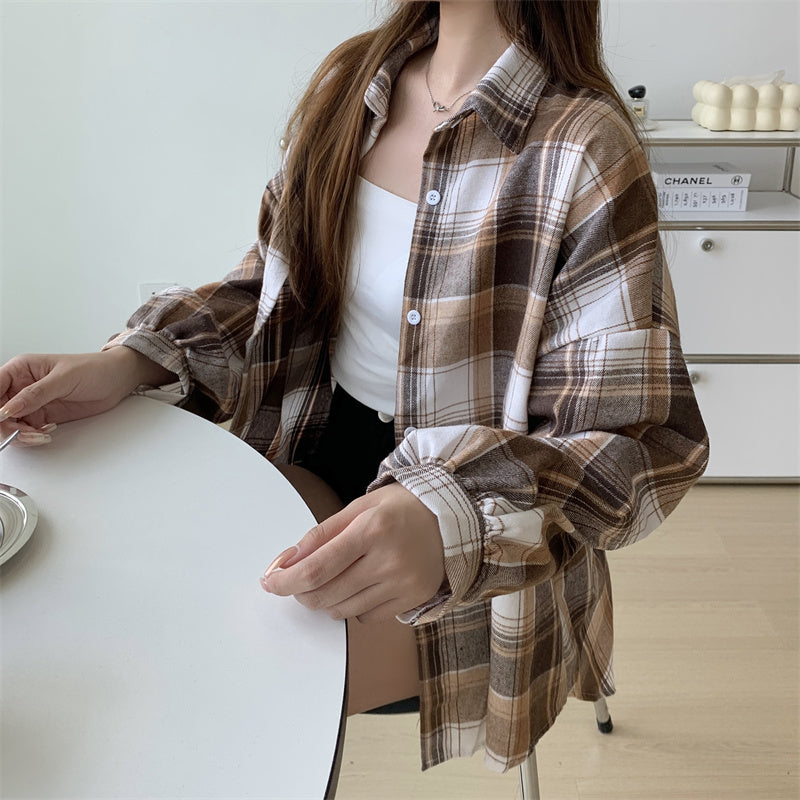 Women Tartan Shirt Long Sleeve Collared Button Up Oversized Plaid Shirt Jacket Grunge Fashion Teenage Girl Spring Summer Outfit
