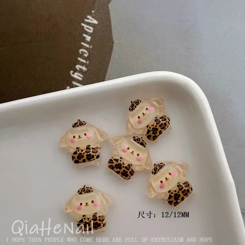 Sanrio Hello Kitty, Melody & Kuromi Cartoon Nail Accessories - 10PCS Cute Mini Resin Trinkets, Leopard & Maillard Print Pattern,