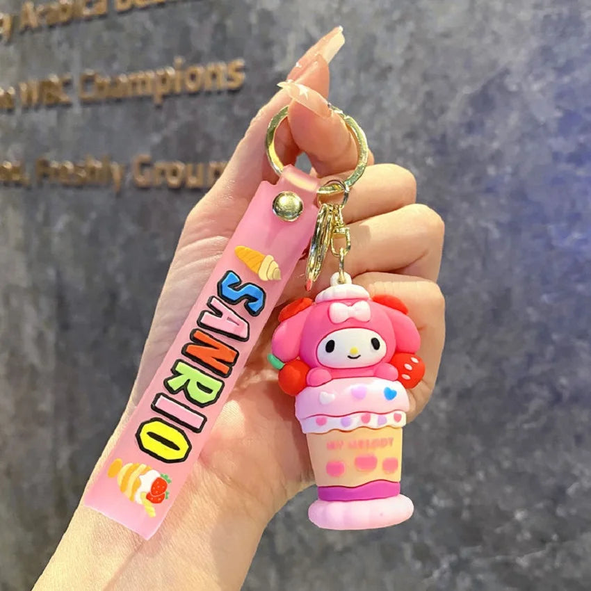 Ice cream Sanrio Hello Kitty Figures Keychain Kuromi My Melody Action Figural Model PVC Key Ring Cinnamoroll Birthday Gifts