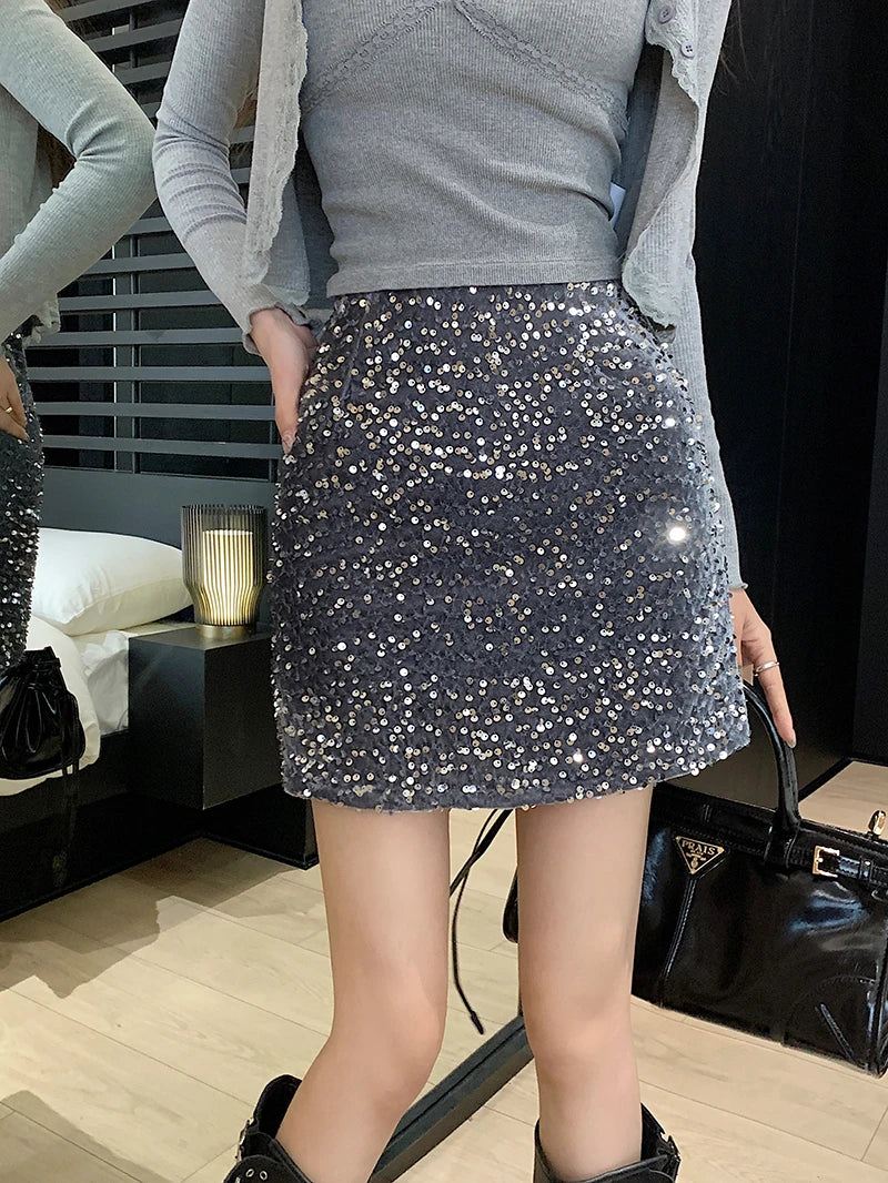 High Waist Sequined Casual A Line Skirts Women 2025 Elegant Korean Fashion Y2k Clothes Sweet Kawaii Black Micro Skirt Harajuku