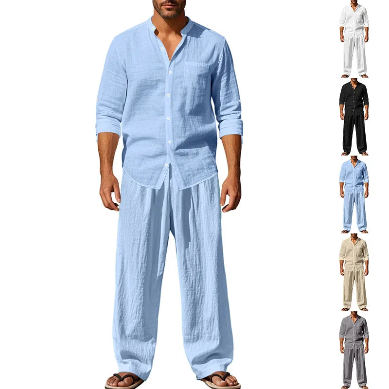 2025 New Spring and Summer Men's Suit Linen Casual Loose Breathable Long Sleeves Shirt Trousers 2Set of Beach Vacation Essential