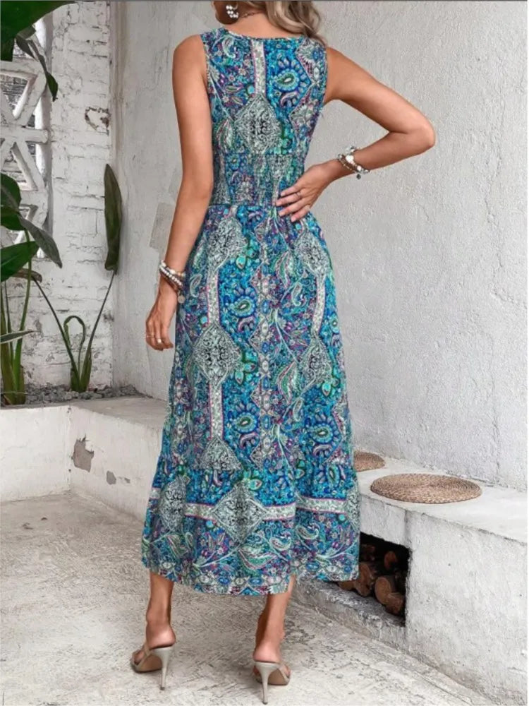 New Fashion Elegant High Waisted Sleeveless Boho Dress Summer Women Print V Neck Casual Long Dresses For Women Robe Femme