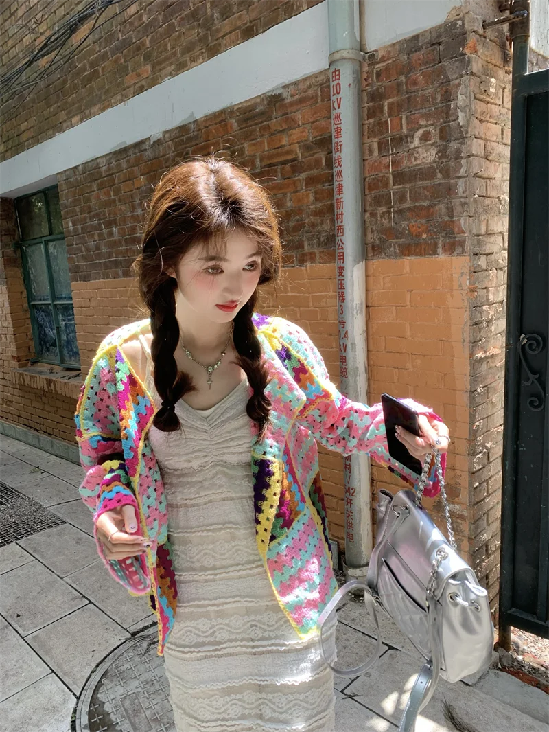 SALIENCY Colorful Crochet Knit Hollow Cardigan Sweater Jacket Women Spring Top Loose Short Knitwear