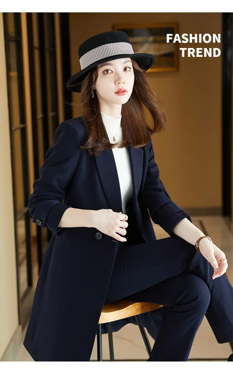 2022 Winter High-end Women's Business Suit Pants Two-piece Set Temperament Slim Solid Color Lady Double Breasted Trench Coat
