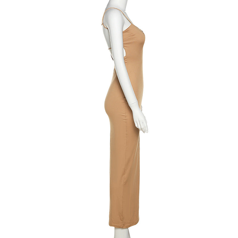 Combhasaki Womens Solid Color Thin Spaghetti Straps Backless Round Cutout Hole Slim Fit Suspender Party Club Slim Fit Long Dress