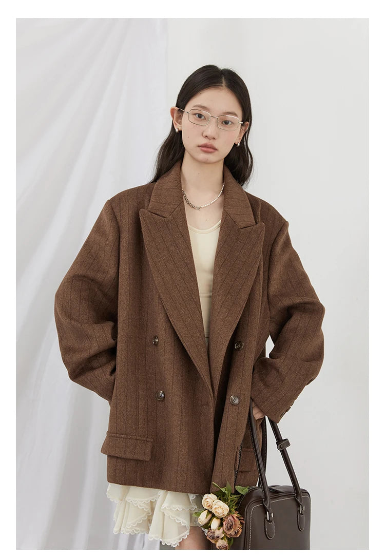 CHIC VEN Women Woolen Blazer Loose Vintage V Neck Female Jacket Suit Double Breasted Office Ladies Coat Spring Autumn 2025