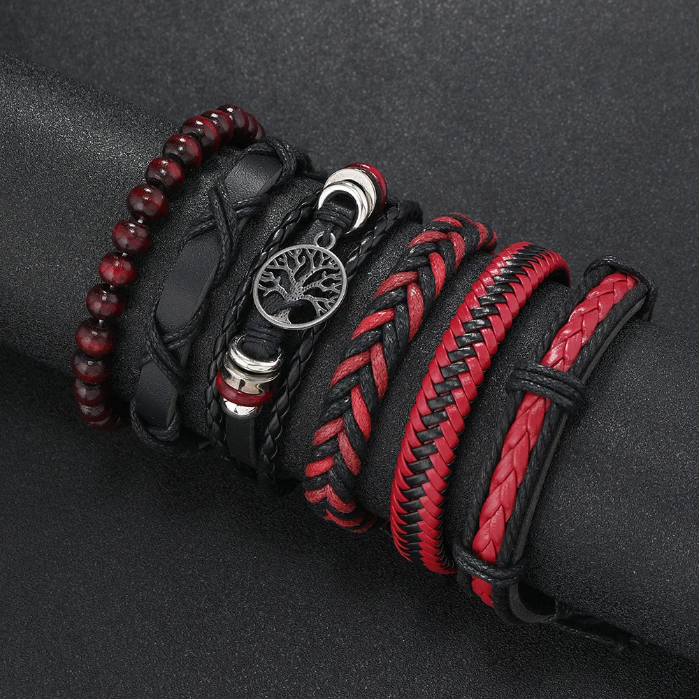 Red 6 Pc/set Tree Black Wrap Woven Handmade Wood Beads Bracelets Male Women Leather Bracelets Men Bangle Wholesale Jewelry Gift