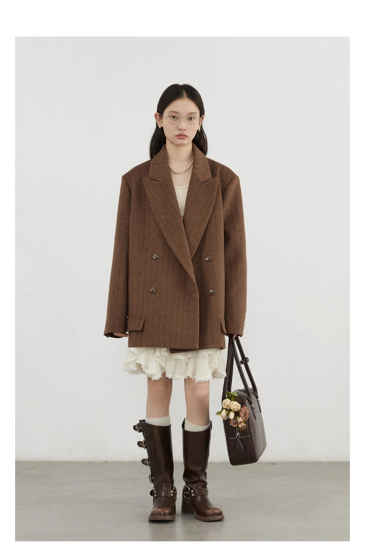 CHIC VEN Women Woolen Blazer Loose Vintage V Neck Female Jacket Suit Double Breasted Office Ladies Coat Spring Autumn 2025