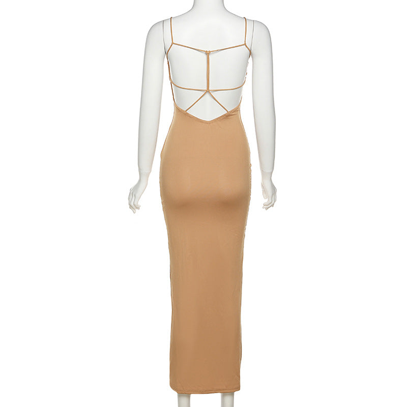 Combhasaki Womens Solid Color Thin Spaghetti Straps Backless Round Cutout Hole Slim Fit Suspender Party Club Slim Fit Long Dress
