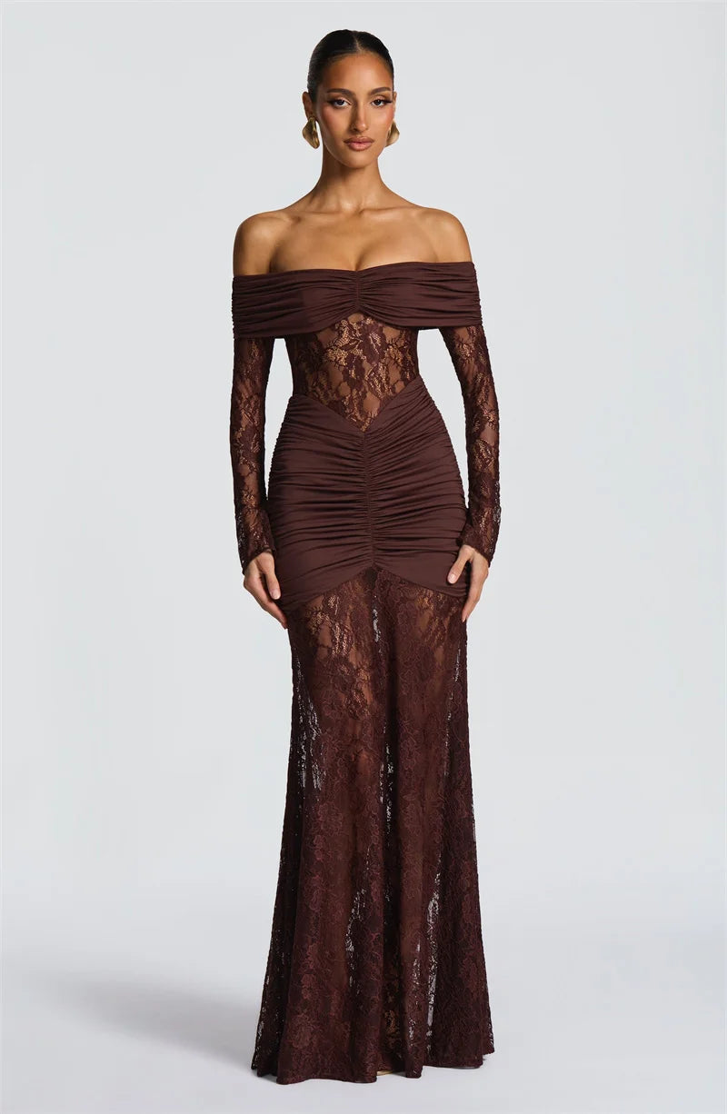 Mozision Off-shoulder Long Sleeve Sexy Maxi Dress Women Fashion Lace See Through Strapless Backless Bodycon Club Party Dresses
