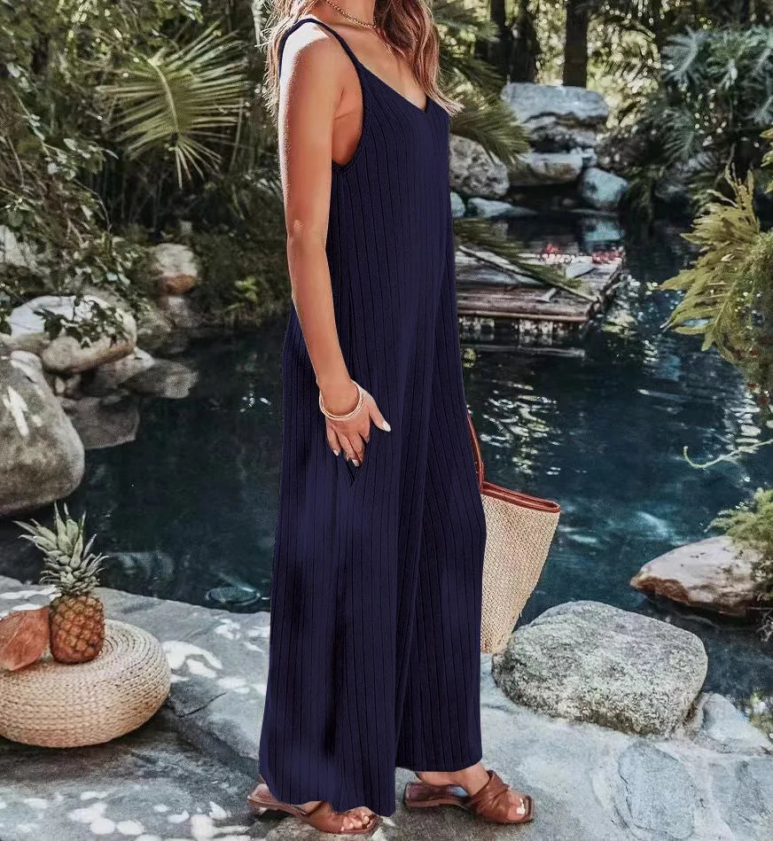 2023 AliExpress Europe and America New Jumpsuit Women's Cross border Summer Female Thread Backless Solid Color Sexy jumpsuit