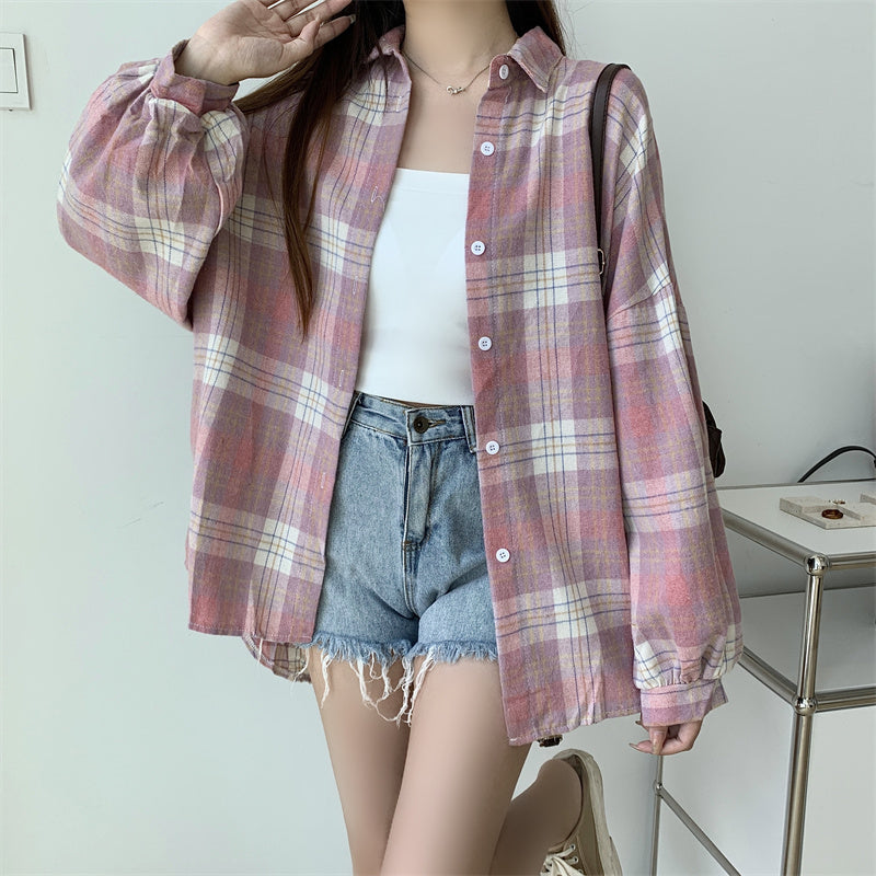 Women Tartan Shirt Long Sleeve Collared Button Up Oversized Plaid Shirt Jacket Grunge Fashion Teenage Girl Spring Summer Outfit