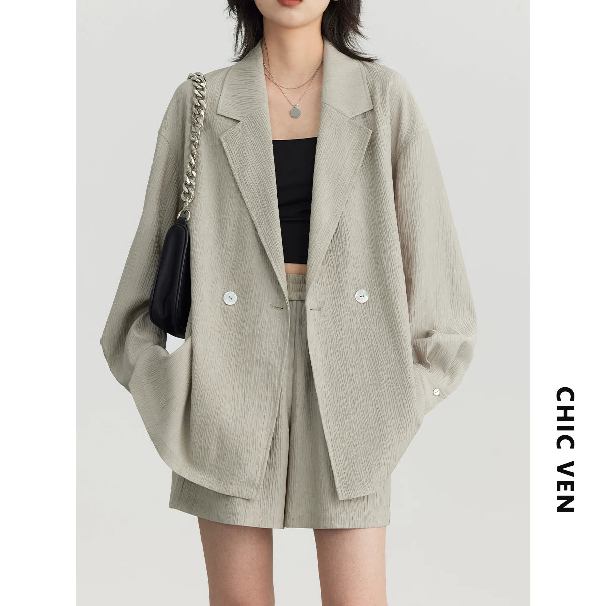 CHIC VEN Women's Blazer Solid Casual Long Sleeve Jacket Texture Thin Suit Coat Shorts Office Lady Tops 2023 Summer New Fashion