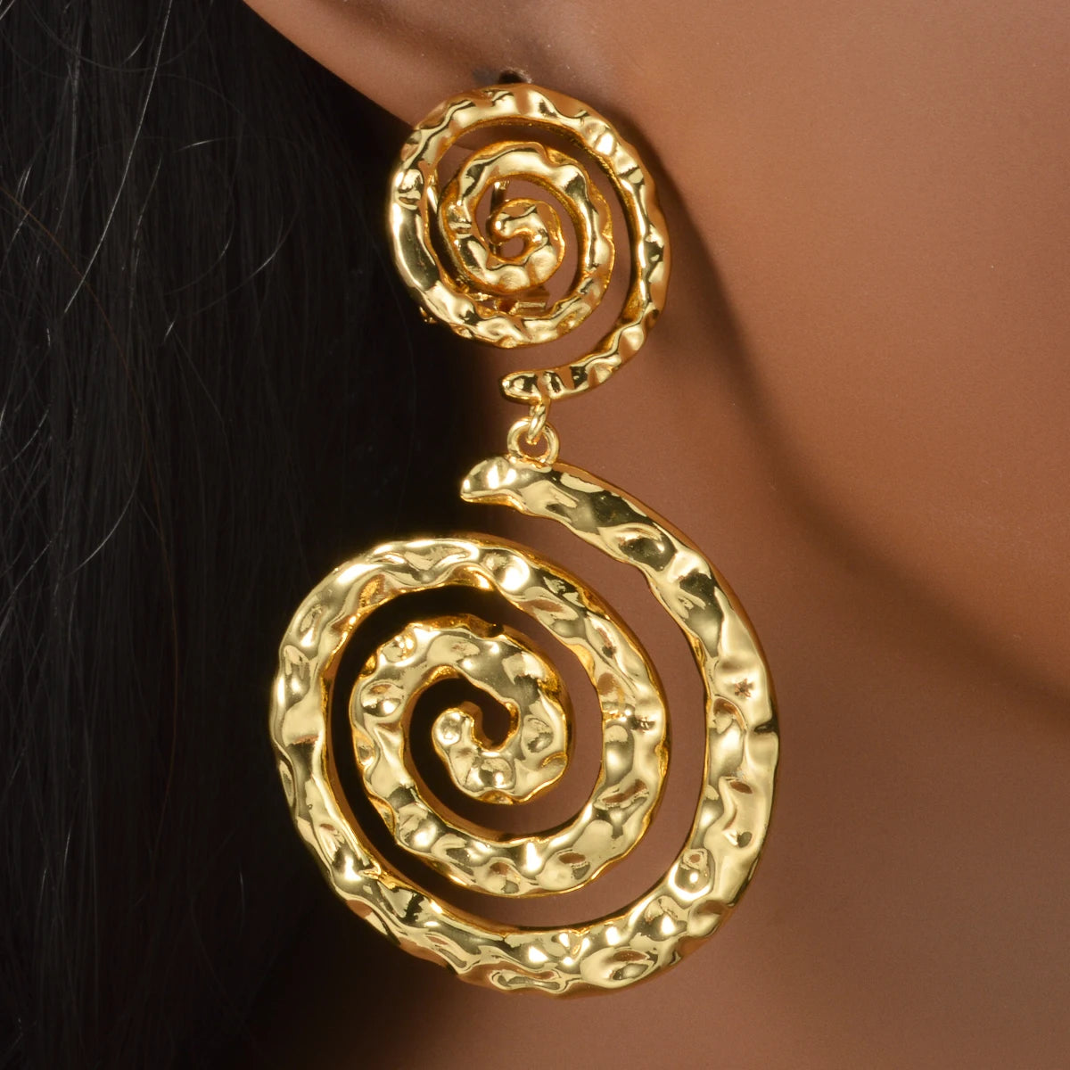 Gold Plated Hammered Heart/Round Spiral Drop Earrings Double Layer Statement Dangle Jewelry For Women Bohemian Vintage Style