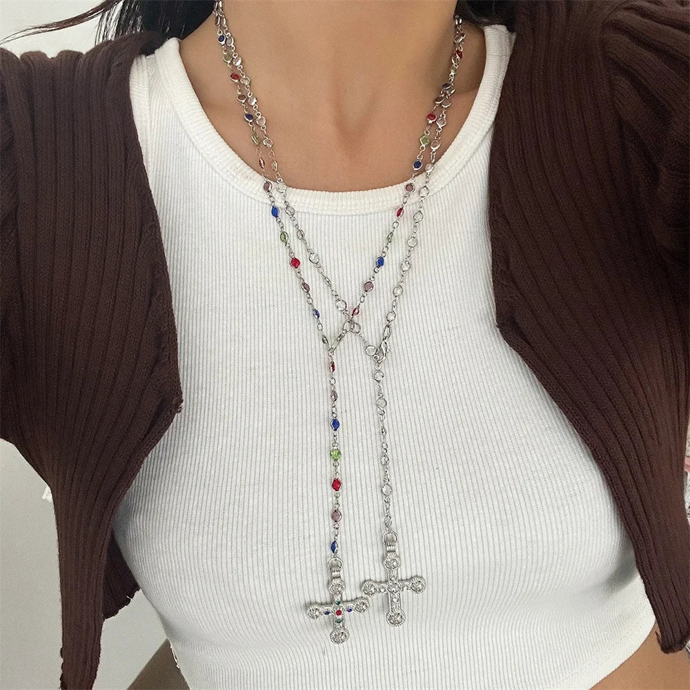 Unique Cross Pendant Necklace for Women Simple Crystal Necklace Sweater Chain Long Y-shaped Necklace Y2K Party Jewelry 2024