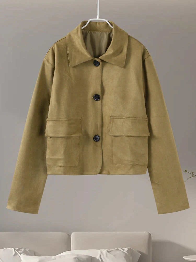 Retro Suede Jackets Women Elegant Single Breasted Lapel Brown Coats Female 2024 Autumn Winter Fashion Soft Pocket Outwears Lady