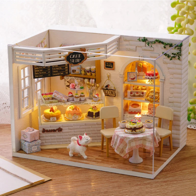 子猫ミニドールハウスモデルビルディング組み立てハウスホームキットクリエイティブルームベッドルーム装飾家具付き誕生日ギフト