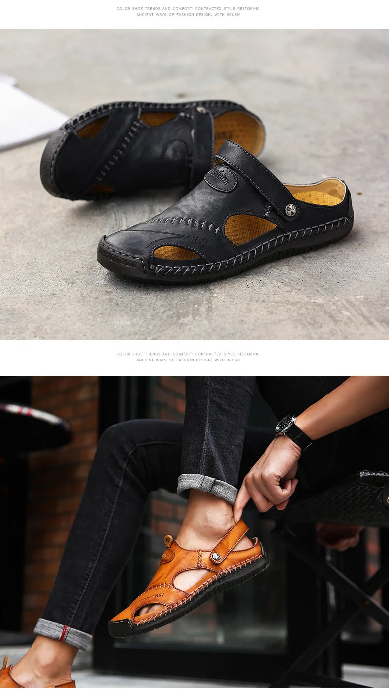 Sandals Man Summer 2023 Leather Slides Breathable Rome Male Outdoor Beach Platform Slippers Soft Hot Sale Men Flat Sandals