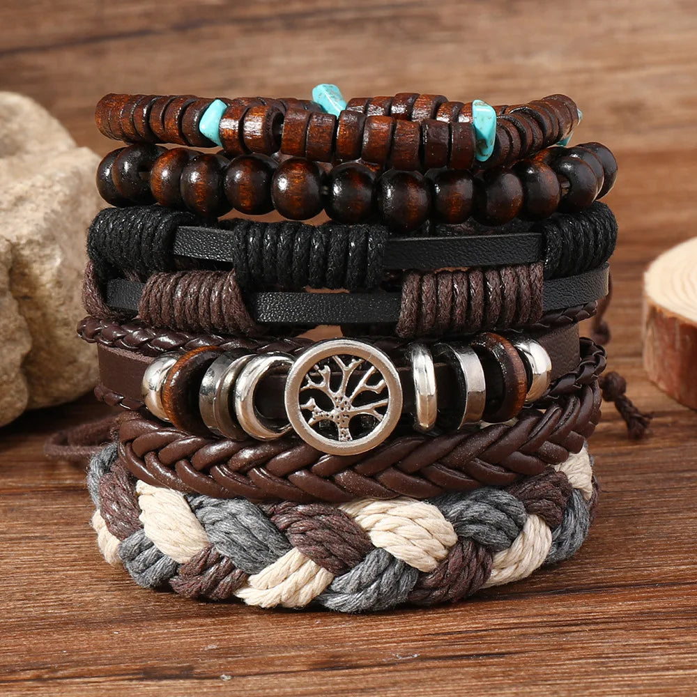 Red 6 Pc/set Tree Black Wrap Woven Handmade Wood Beads Bracelets Male Women Leather Bracelets Men Bangle Wholesale Jewelry Gift