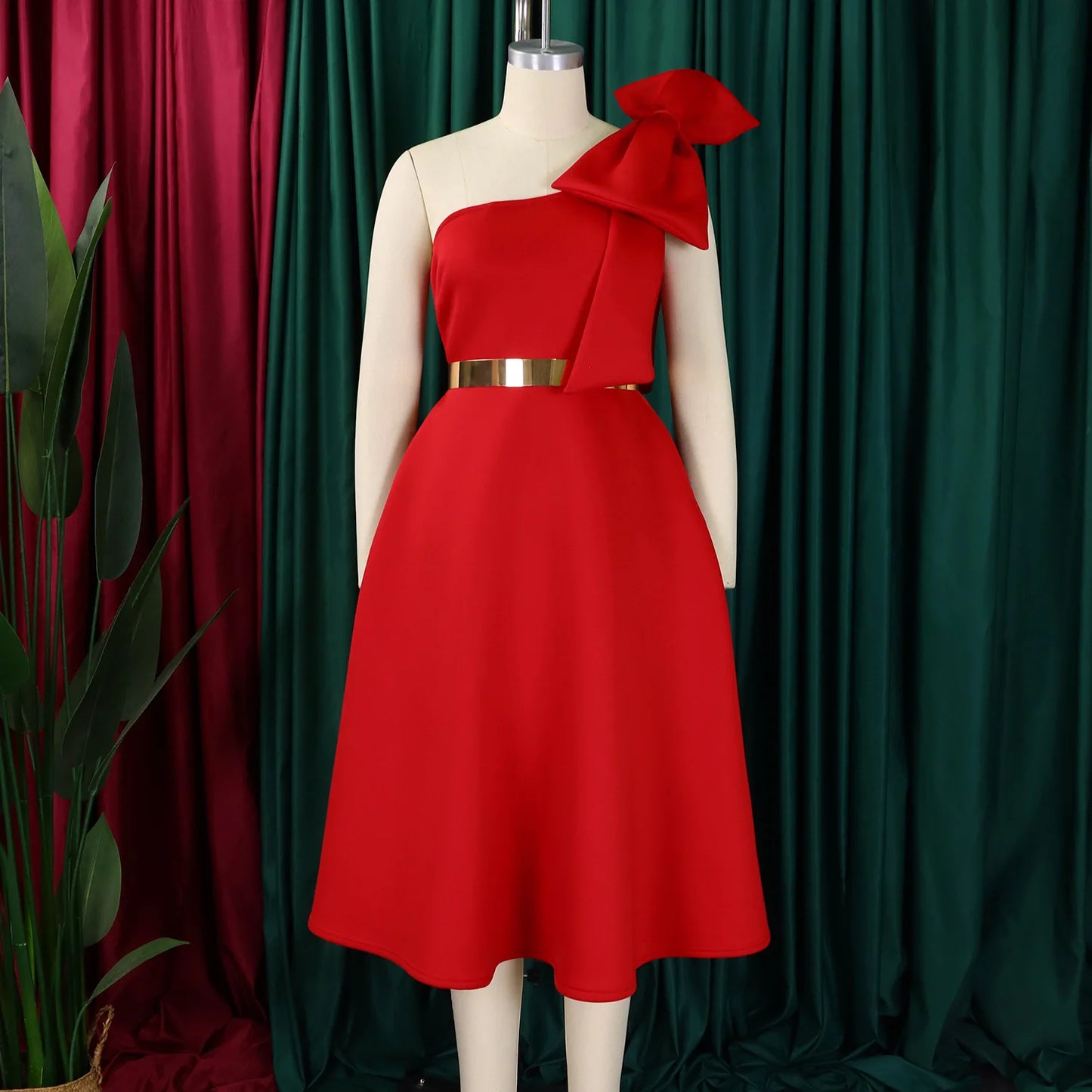 French One Shoulder A Line Pleated Birthday Party Dresses Women Bow Sleeveless Belt Large Skirt Elegant Women's Party Dress