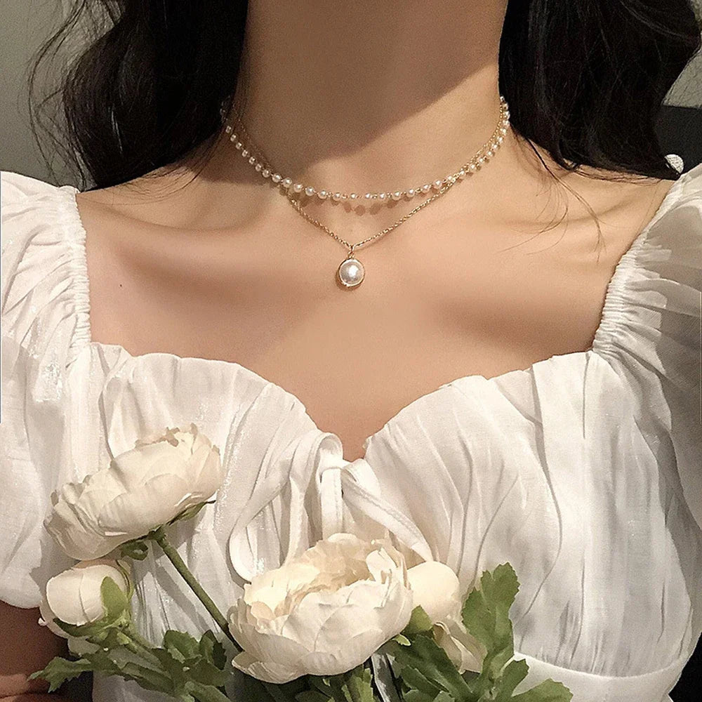 Pearl Dainty Adjustable Double Layer Chain Pendant Necklaces Gold Plated Pearl Tiny Chain Delicate Mother's Valentine Jewelry