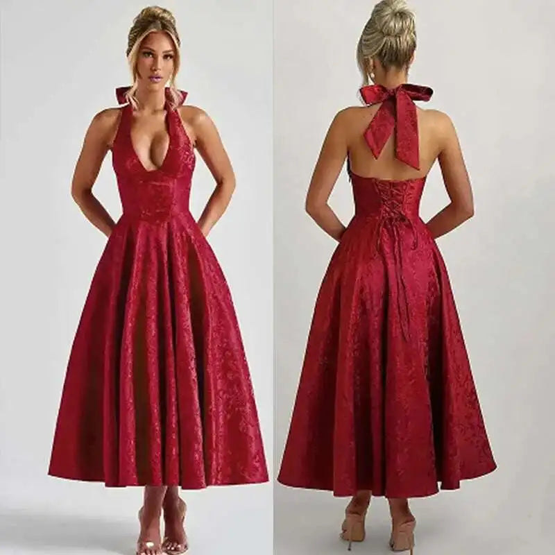 Giyu Club Evening Party Dresses Women 2025 Summer Sexy Bow Halter Long Dress Elegant Jacquard Lace Up Backless Birthday Robe