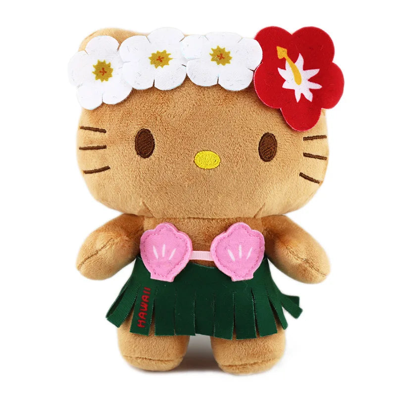20cm Anime Sanrio Plush Doll Hello Kitty Kuromi My Melody Hawaii Limited Black Leather Kitty Plush Doll Christmas Gift