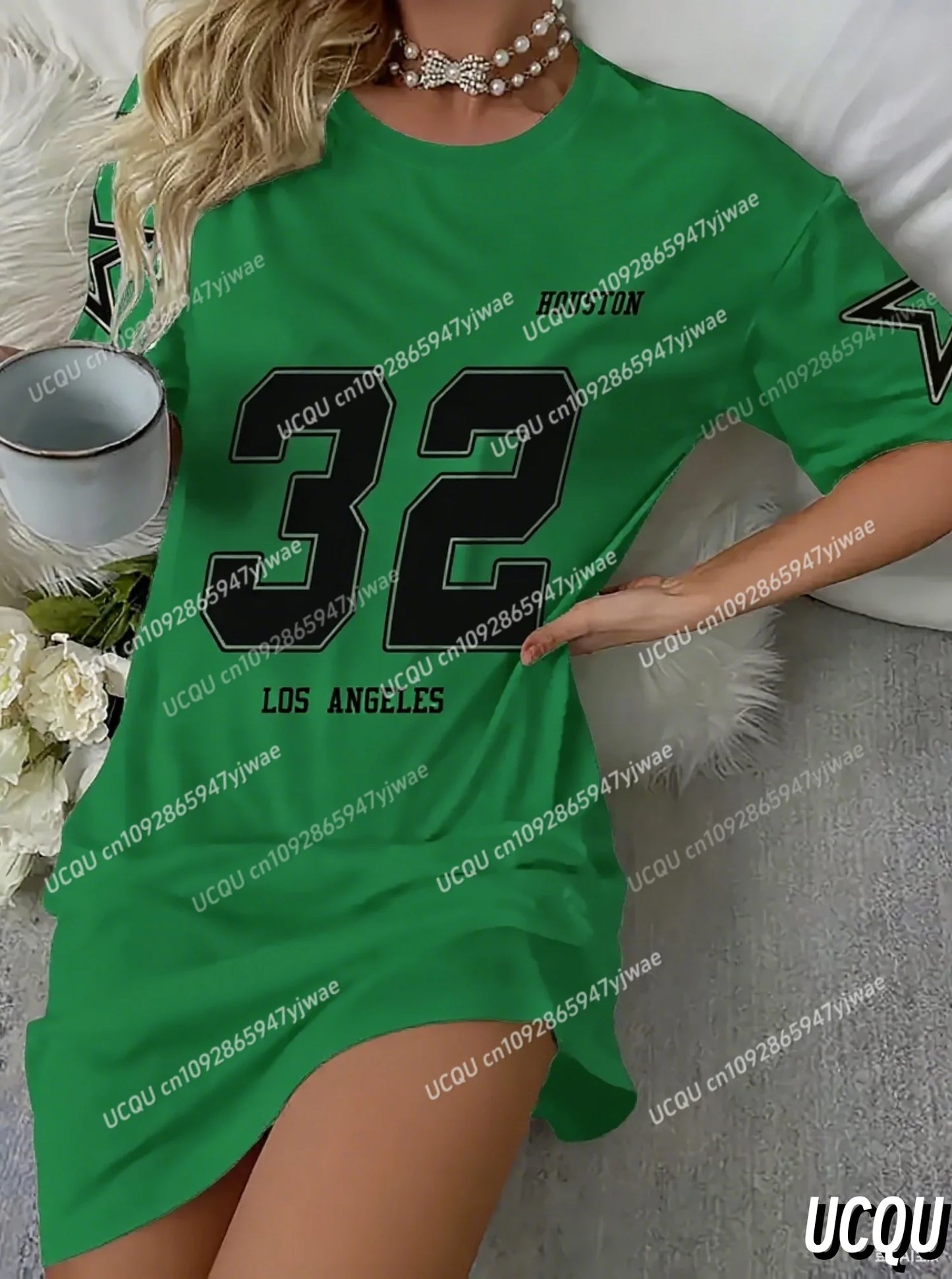 2025 Summer Women HUSTON 32 T-Shirt Dress Loose Casual O-Neck Lady Short Sleeve Pullover Dresses Women Clothing