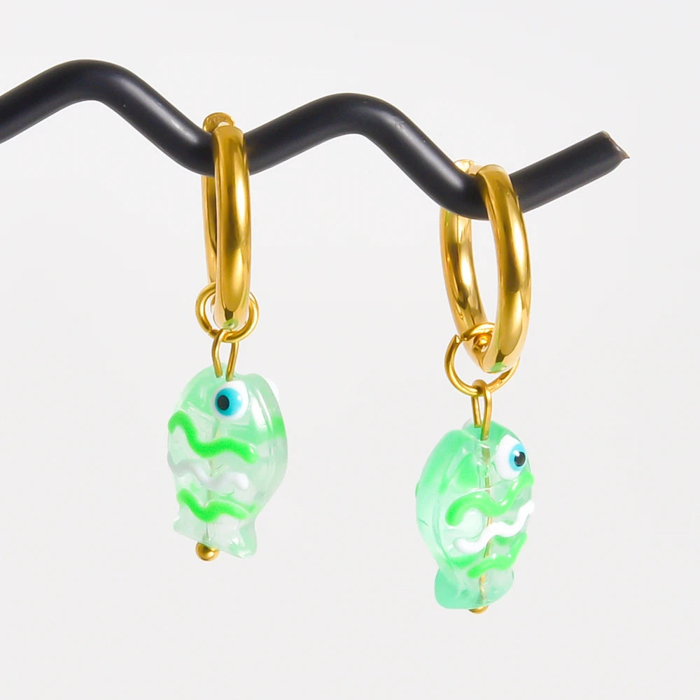 Stainless Steel Colorful Glazed Enamel Fish Hoop Earrings For Women Men Girl Cute Dopamine Fashion Ear Buckle Sea Animal Jewelry