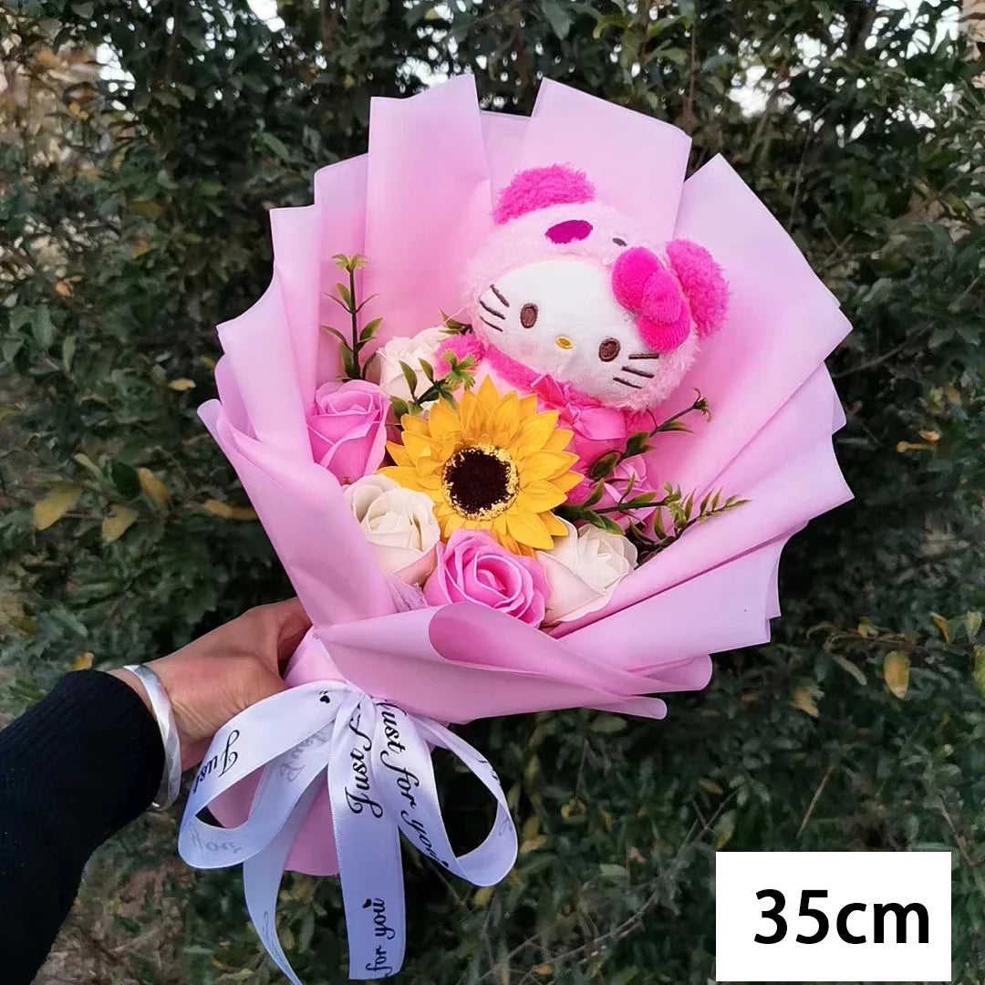 Hello Kitty Cartoon Plush Bouquet Anime Rose Soap Flowers Doll Home Wedding Decoration Christmas Valentine's Day Gift