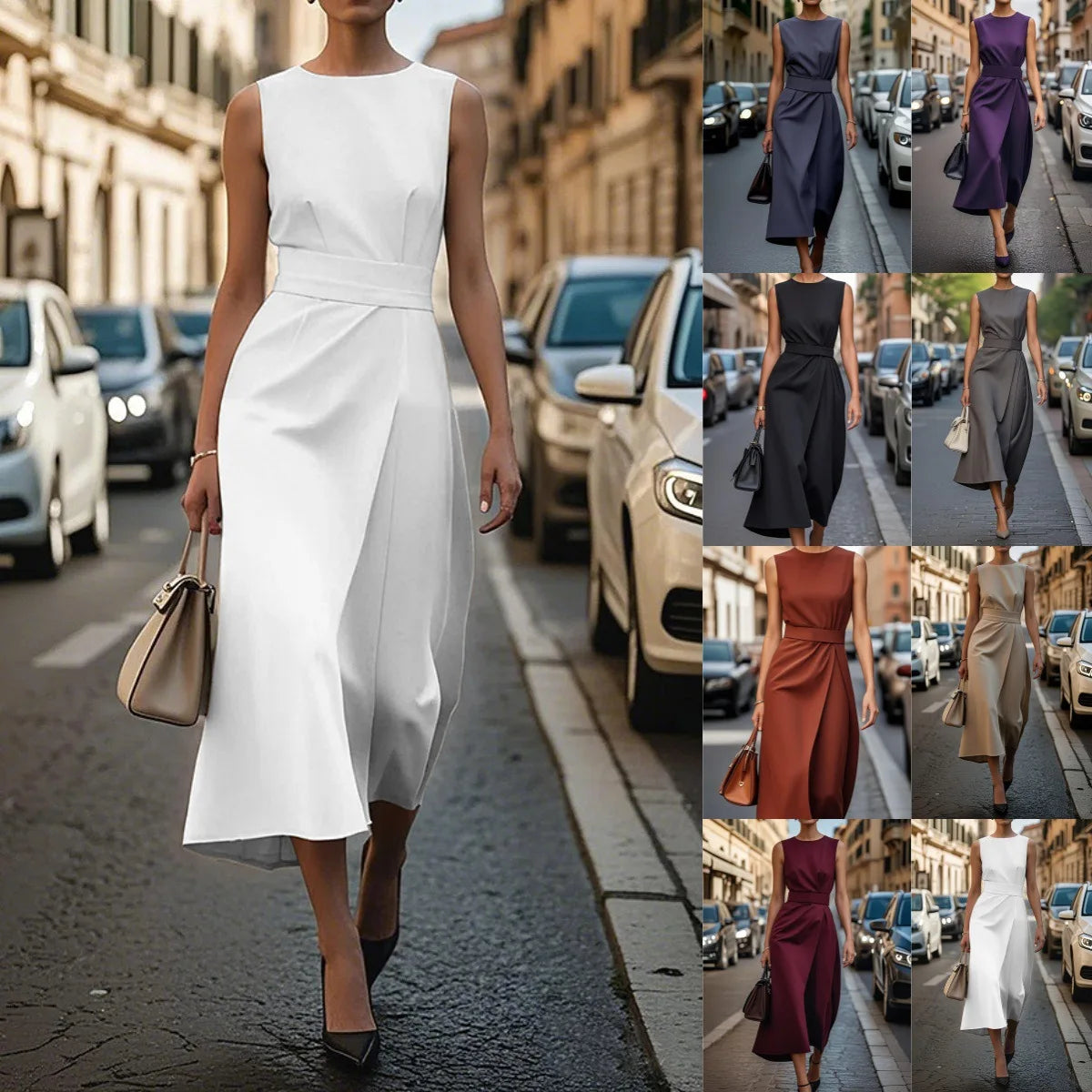 Causal High Waist Slim Maxi Dress Elegant O-neck Sleeveless Draped Long Dress Office Fashion Commuting Solid Party Dresses Women