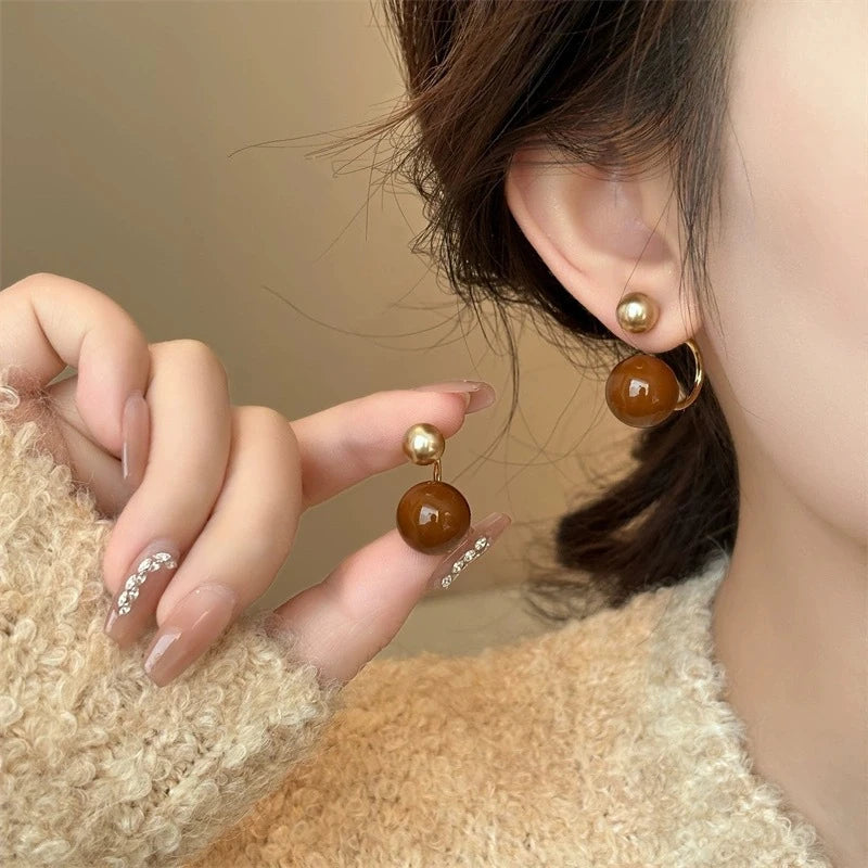 925 Silver Needle Korean Vintage Brown Pearl Earrings For Women Jewelry 2025 Trending New Luxury Women's Red Ball Earrings gifts
