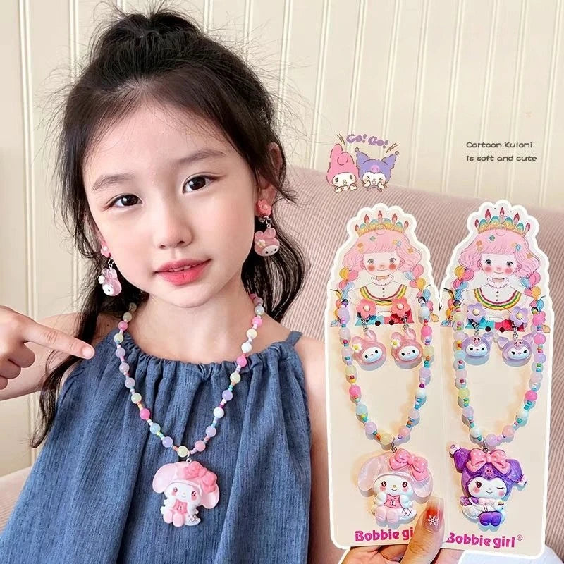 Kawaii Sanrio Beaded Necklace Girls Jewelry Ear Clip Set Kuromi Cinnamoroll Pierced Baby Princess Jewelry Melody Gifts