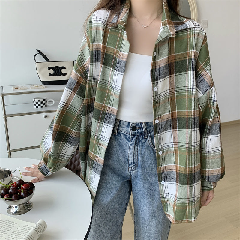 Women Tartan Shirt Long Sleeve Collared Button Up Oversized Plaid Shirt Jacket Grunge Fashion Teenage Girl Spring Summer Outfit
