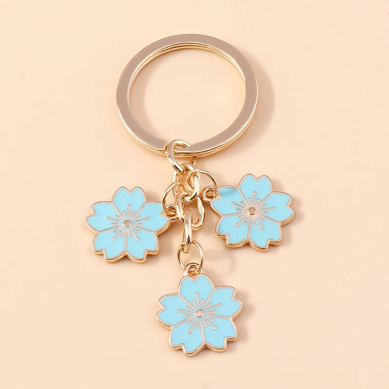 Cute Enamel Keychain Colorful Sakura Flower Key Ring Sweet Key Chains for Women Girls Handbag Accessories DIY Jewelry Gifts
