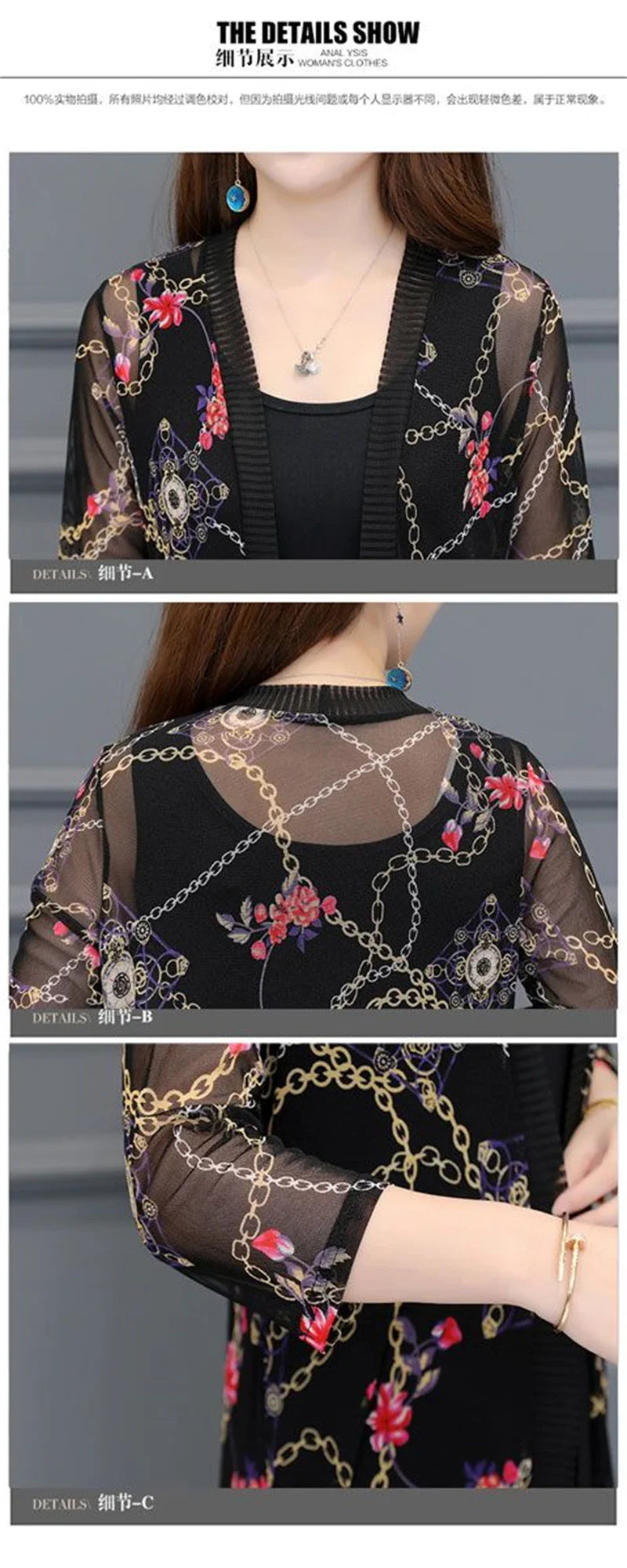 2024 Female Mid Length Large Size Sun Protection Cardigan Tops Coat Women Summer Gauze Lace Print Thin Sun Sunscreen Jacket 5XL