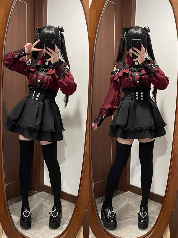 Kawaii Off Shoulder Long Sleeve Shirts Women Black Short Skirt Set Y2K Gothic Ruffle Skirts Lace Lolita Shirt Gown Suit 