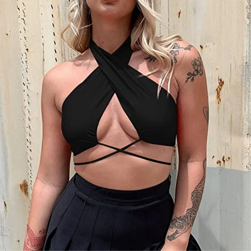 Y2K Women’s Sexy Tops 2023 New Sexy Solid Fitted Halter Backless Crop Tops Summer Party Women Sleeveless Vest
