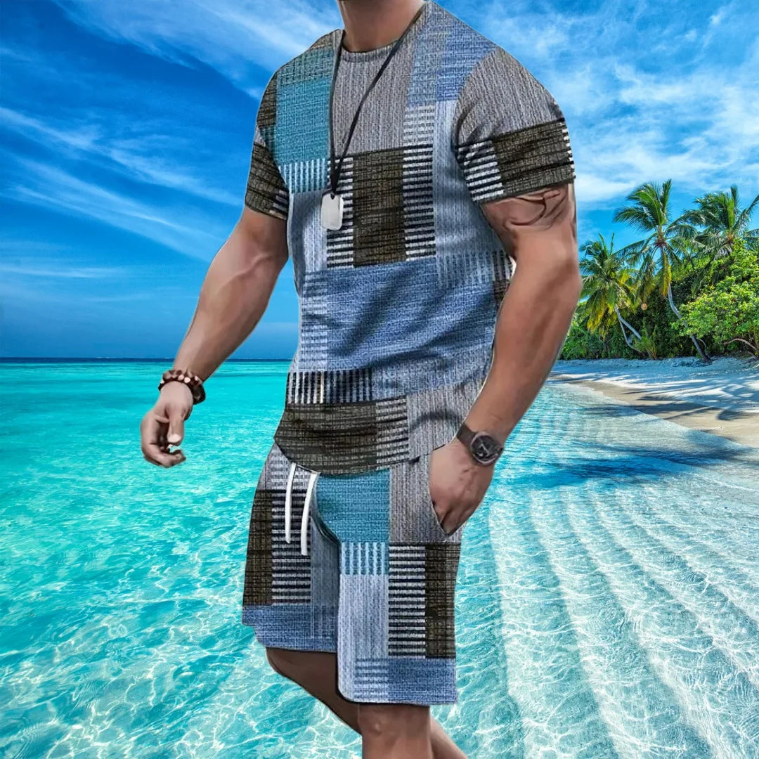 Men Patchwork 3d Printing Short Sleeve Shorts Suit Summer Outdoor Sportswear Casual Fashion Sets Sweat Absorbent and Comfortable
