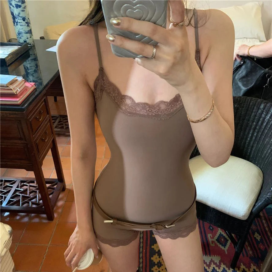 Summer Hot Girl Lace Edge Shoulder Strap Adjustable Jumpsuit Tight Fitting Vest Bodysuits Women's Sports Yoga Shapewear Camisole