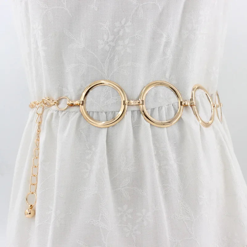 Simple Alloy Large Round Ring Waist Belt Fringes Ring Waist Chain Women Circle Metal Chain Belt Geometric Long Hollow Waistband