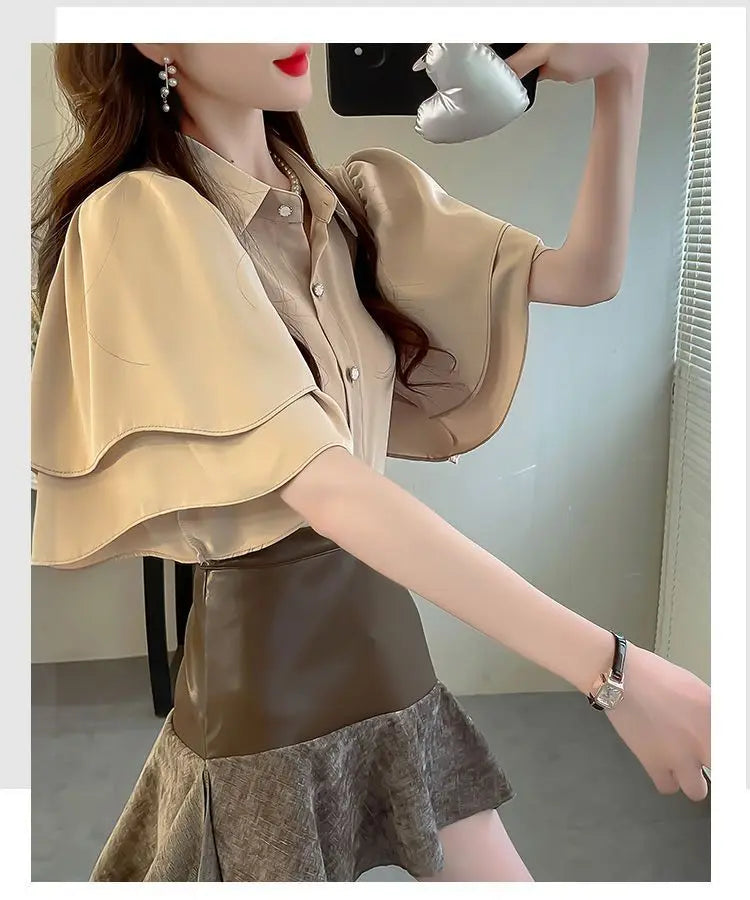 French Lady's Summer Loose Shirt Women's New Loose Blouse Solid Color Ruffle Short Sleeve Chiffon Top