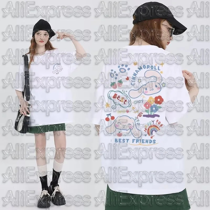 MOTO Kawaii Sanrioed Womens T-Shirt Anime Kuromi Cinnamoroll Cotton Round Neck My Melody Kuromi Printing Tops Girls Summer