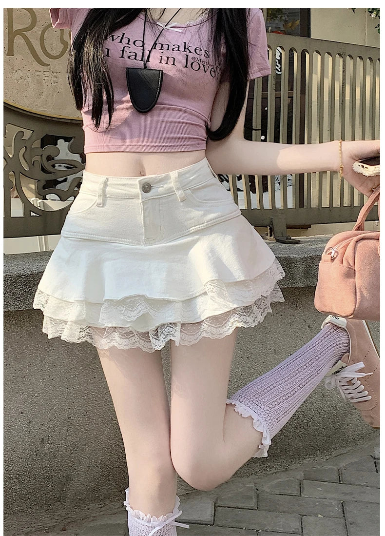 スイートセクシーデニムケーキスカート レディース レトロ ハイウエスト Aライン ミニスカート 女性用 韓国ファッション カジュアル ストリートウェア プリーツスカート Y2K