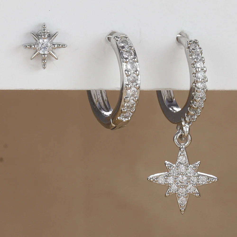 3 Piece Fashion Stainless Steel Round Star Drop Earrings Set for Women 18K Gold Plated Dangle Earring Punk Unisex Rock Jewelry