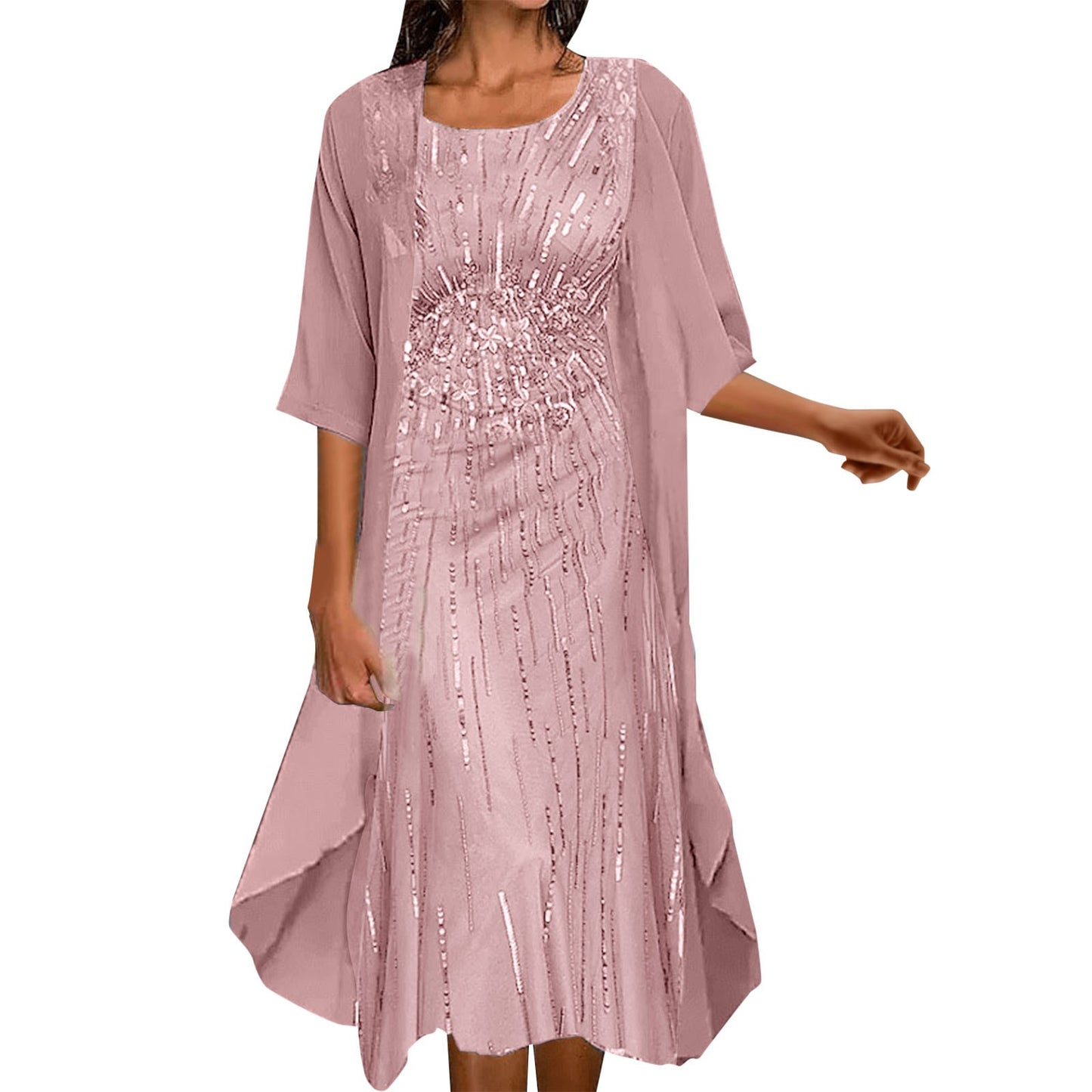 Formal Party Dresses Women Elegant Shiny Sequins Solid Color O-Neck Evening Dress Wedding Dress Two Piece Set Dress Vestidos