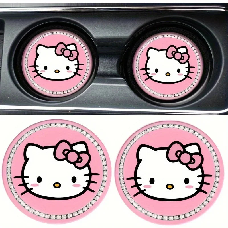 2pcs Kawaii Sanrio Hello Kitty Car Coaster,Cute Cartoon Non-slip Heat Insulation Coasters, Cup Pads Mat, Cup Holder Decoration