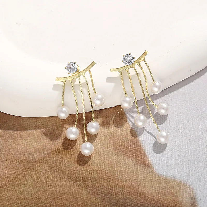 925 Silver Needle Korean Fashion Pearl Tassel Earrings For Women Jewelry 2025 Trending New Luxury Women's Zircon Pearl Earrings