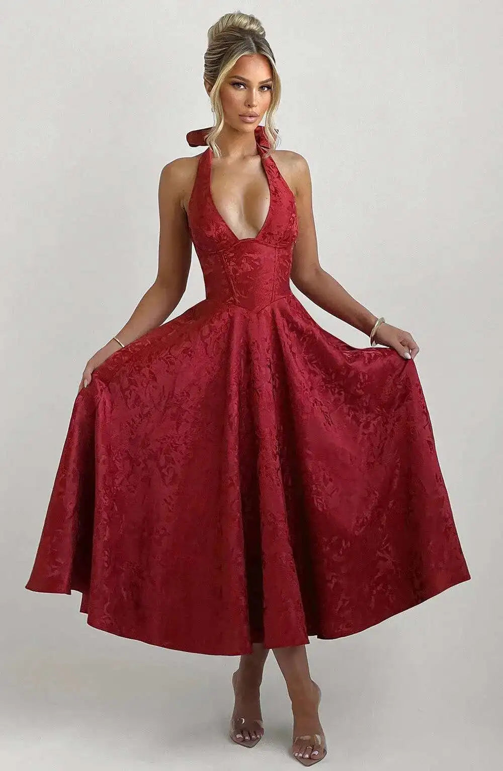 Giyu Club Evening Party Dresses Women 2025 Summer Sexy Bow Halter Long Dress Elegant Jacquard Lace Up Backless Birthday Robe
